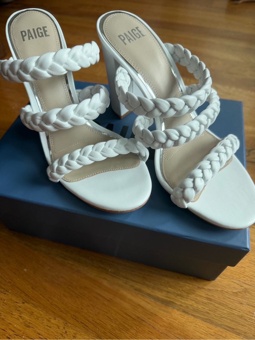 PAIGE White Braided Strap Block Heel Sandals 9.5 NIB